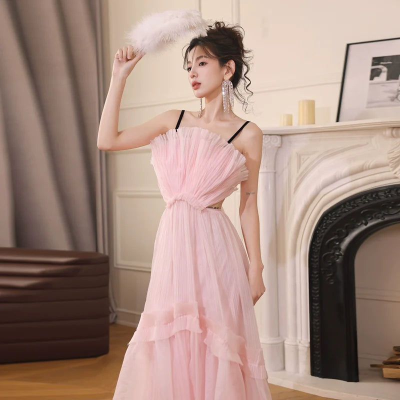 DOLLY Luxury Sleeveless Backless Strap Handmade Pleated Party Dress-GINA