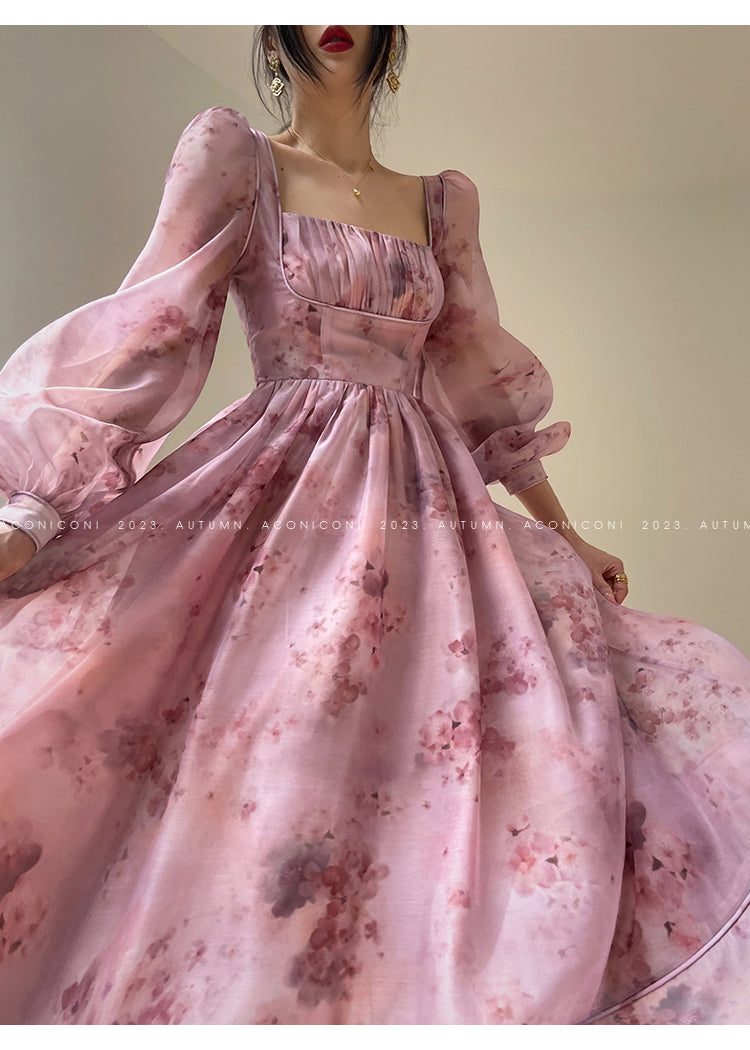 Aconiconi| French dress printed fairy long sleeves dress -Begonia Never Sleeps