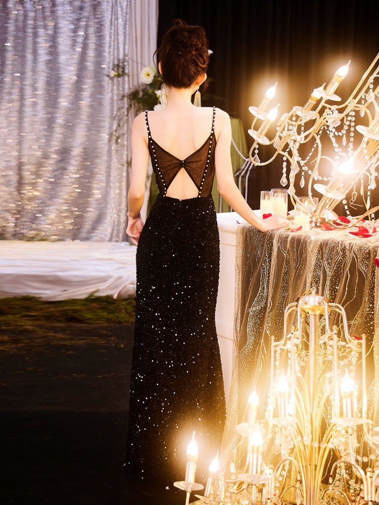 DOLLY Luxury Black Sleeveless Sequin High Waist Fish Tail Sexy Evening Dress-LYRA