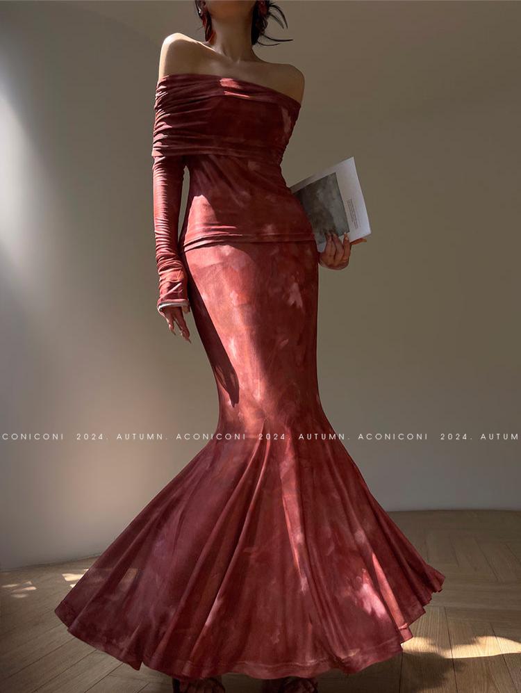 Aconiconi Luxury maxi fish Skirt Off shoulder top - Amber Sweet Tea