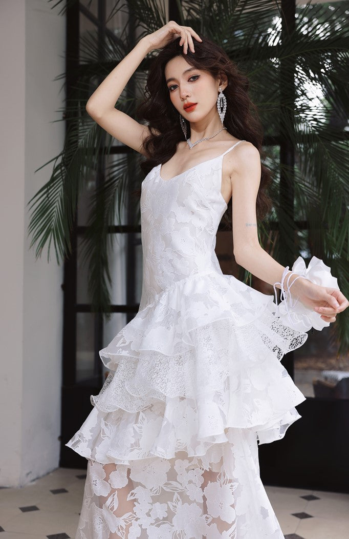 DOLLY Elegant White Flower Embroidery Lace Ruffle Layered Dinner Dress-DAISY (V)