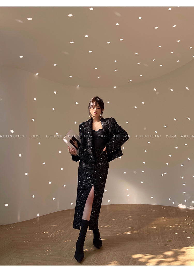 Aconiconi Tweed Sequins Fragrance Dress Skirt Loose Blazer Skirt