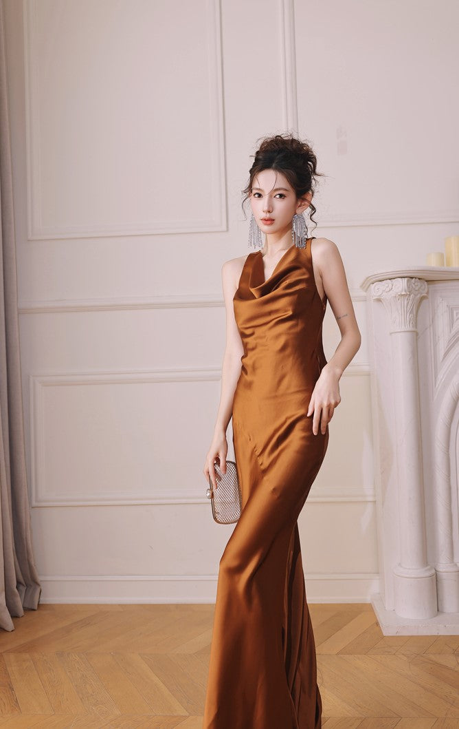 DOLLY Elegant Brown Retro Sleeveless Halter Neck Long Cocktail Dress-GIDDY