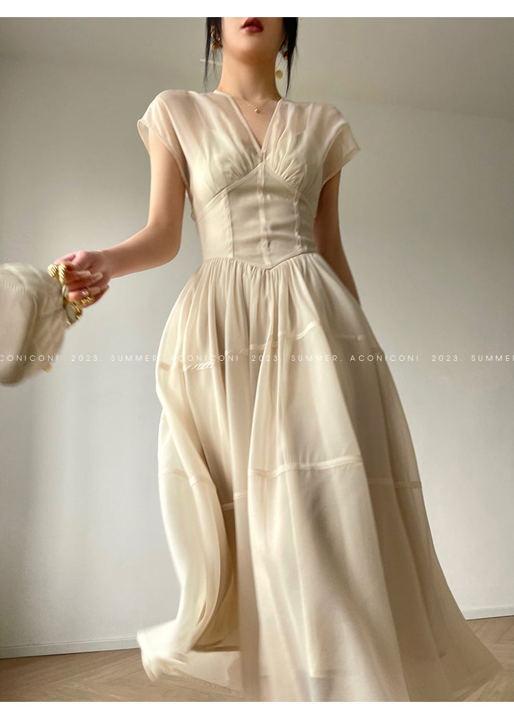 Aconiconi|high-end V-neck exquisite printed tea summer dress- Yufu fairy