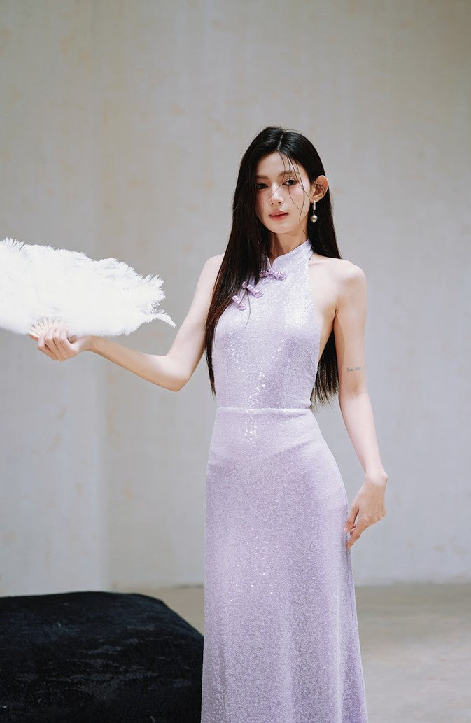 DOLLY Purple Chinese Style Hater Neck Button Sequin Long Wedding Guest Dress-Mama M / Purple DOLLY Purple Chinese Style Hater Neck Button Sequin Long Wedding Guest Dress-Mama M / Purple