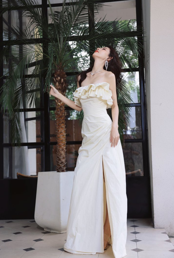 DOLLY Elegant Off White Ruffle Tube Top Long Pleated Wedding Guest Dress-VIVA