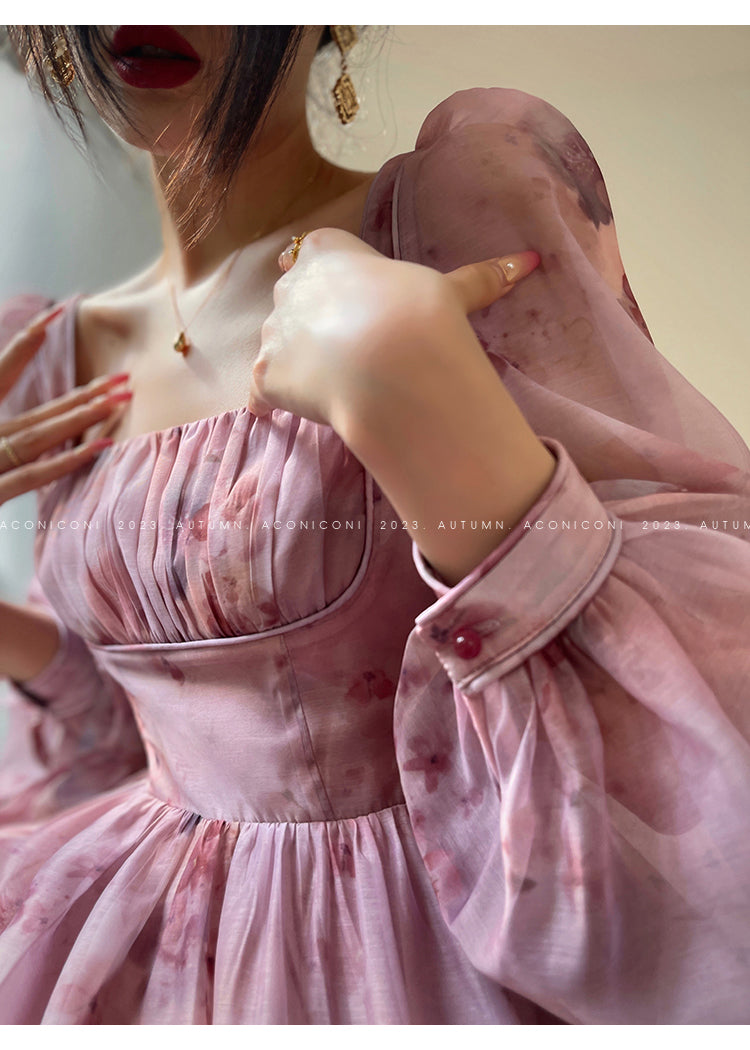 Aconiconi| French dress printed fairy long sleeves dress -Begonia Never Sleeps