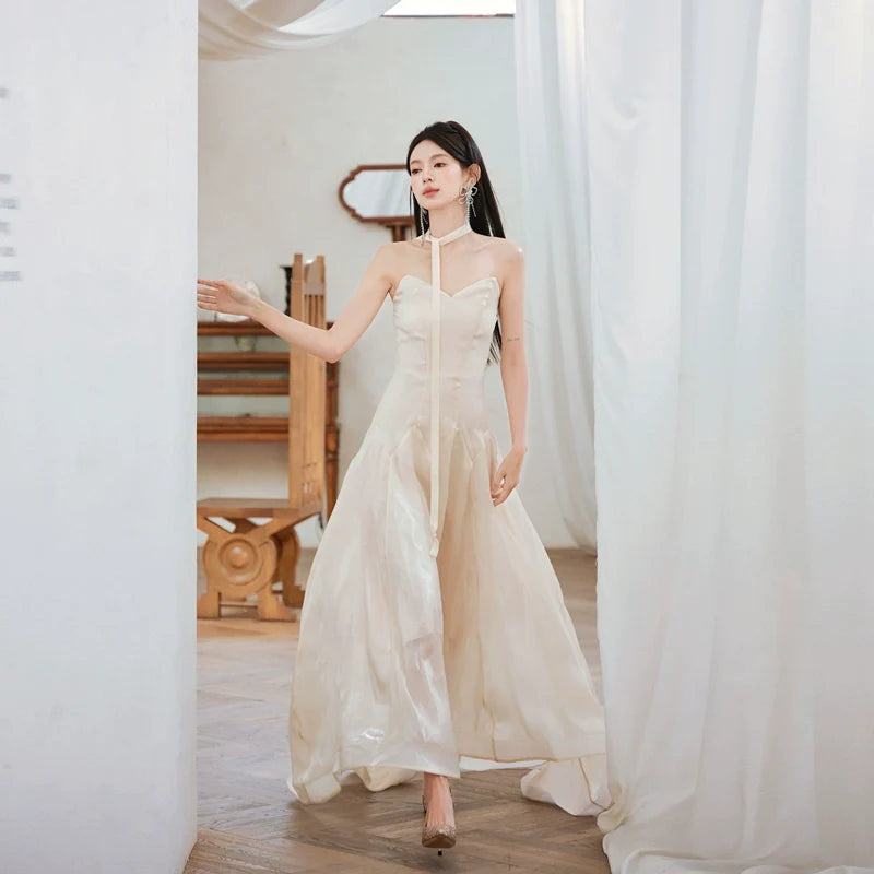 DOLLY High End Cream Sleeveless satin slip flow Wedding Dress-SONNI