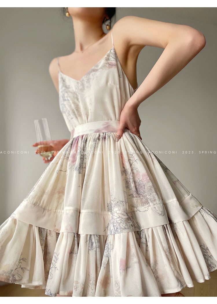 Aconiconi French puff short-sleeved shirt, tank layered printed skirt -  Kono's love letter