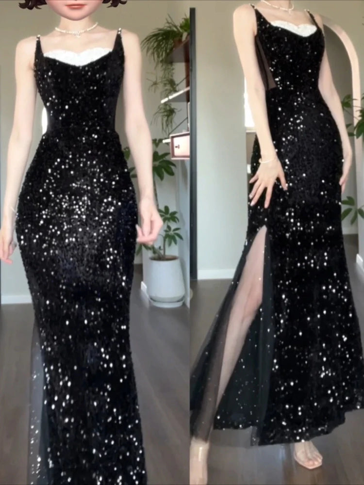 DOLLY Luxury Black Sleeveless Sequin High Waist Fish Tail Sexy Evening Dress-LYRA