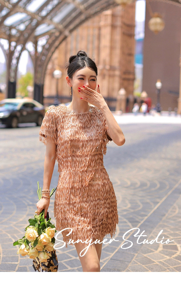 Quality Haute couture hand-cut tassel beaded pieces embroidered cocktail dress