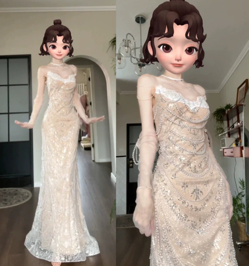 DOLLY Luxury Off White Retro Beaded Tube Top Sequin Long Wedding Dress-MARKU