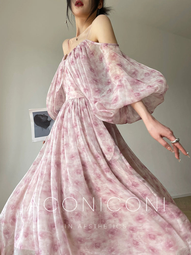 Aconiconi| Slip Off-the-Shoulder Top Skirt - Flower fairy