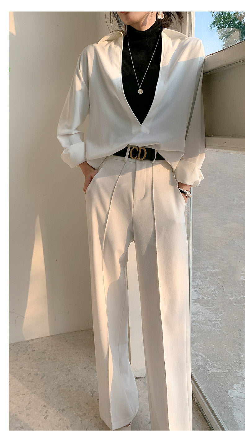 White V-neck v neck shirt long-sleeved shirt -Mmia