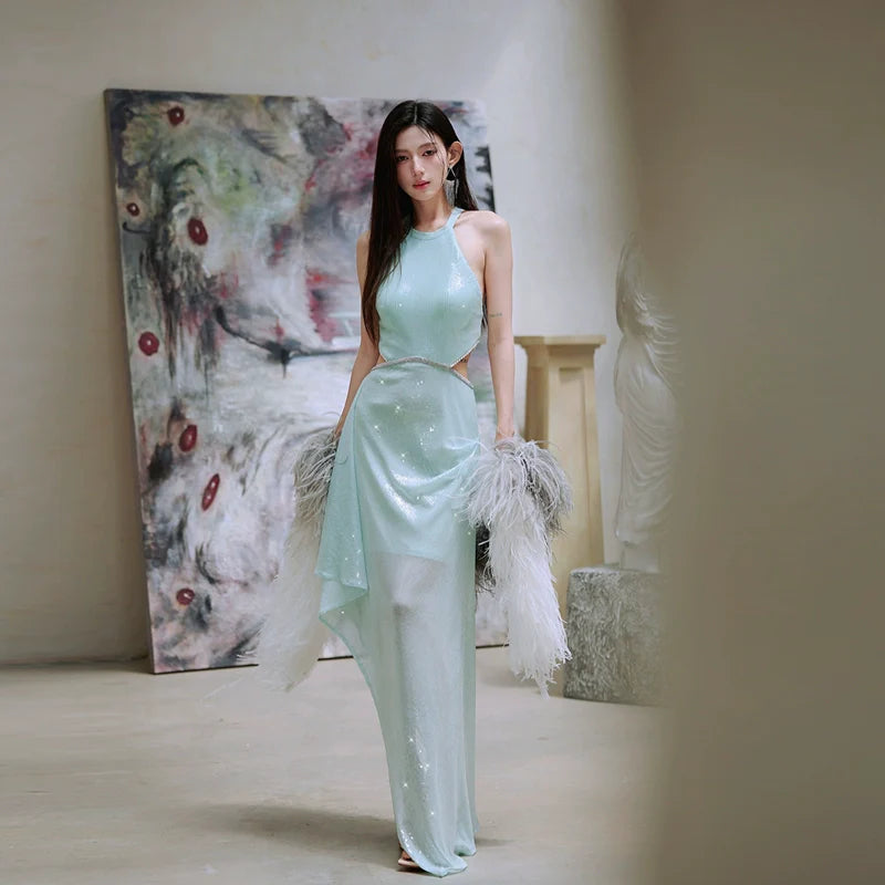 DOLLY Elegant Mint Sleeveless Slim Fit Halter Hollow Long Party Dress-Mint S / Green DOLLY Elegant Mint Sleeveless Slim Fit Halter Hollow Long Party Dress-Mint S / Green