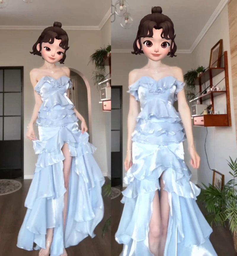 DOLLY High End Blue Chest Wrap Sleeveless Long Slit Ruffle Banquet Dress-MEHEK