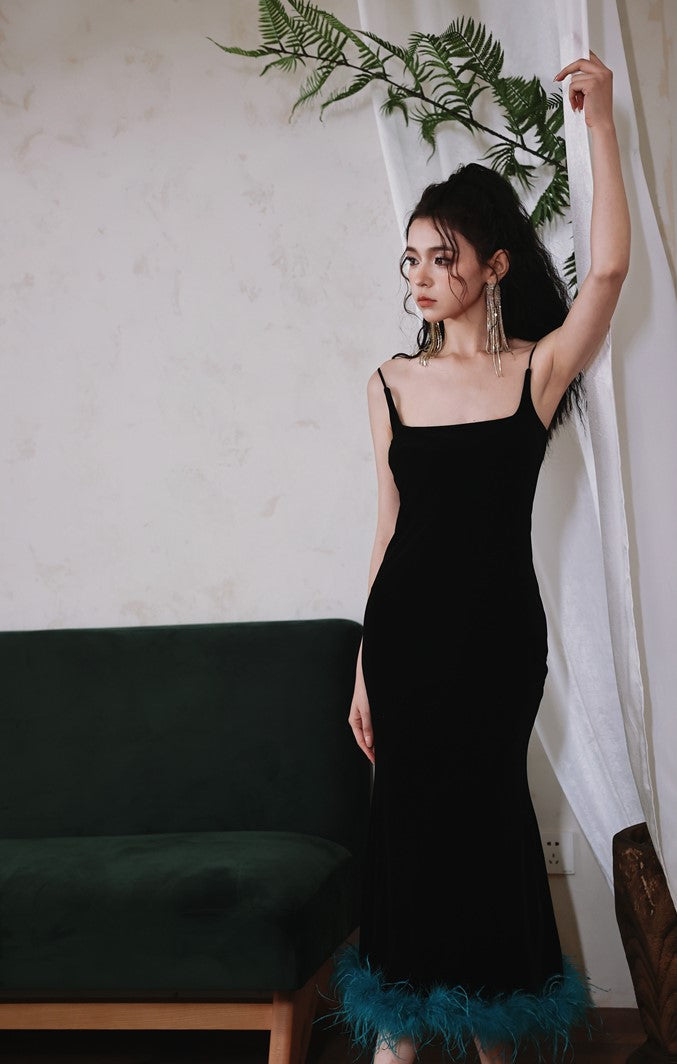 DOLLY Elegant Black Retro Sleeveless Velvet Midi Green Feather Date Dress-ZANIE (V)