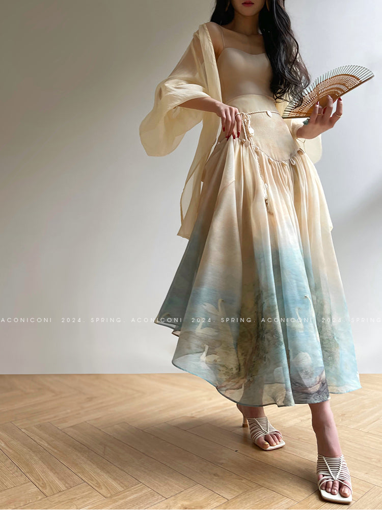 Aconiconi| Louvre Picture Reflection printed halter neck maxi skirt vacation dress - Miinia