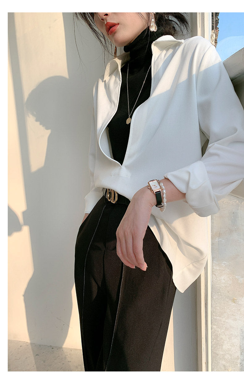 White V-neck v neck shirt long-sleeved shirt -Mmia