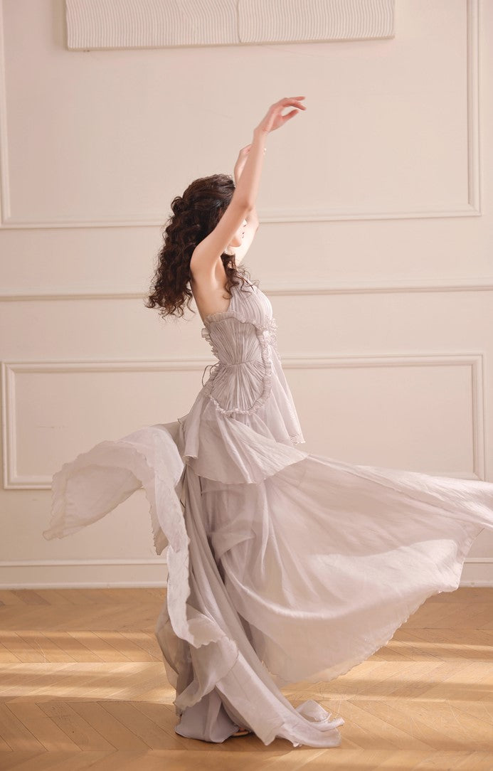 DOLLY Elegant Gray V-Neck Sleeveless Pleated Bandage Banquet Dress-MENA