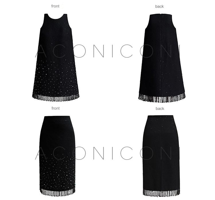 Aconiconi Elegant Black Retro High Waist Diamond Tassel Chic Skirt- Shallow Light