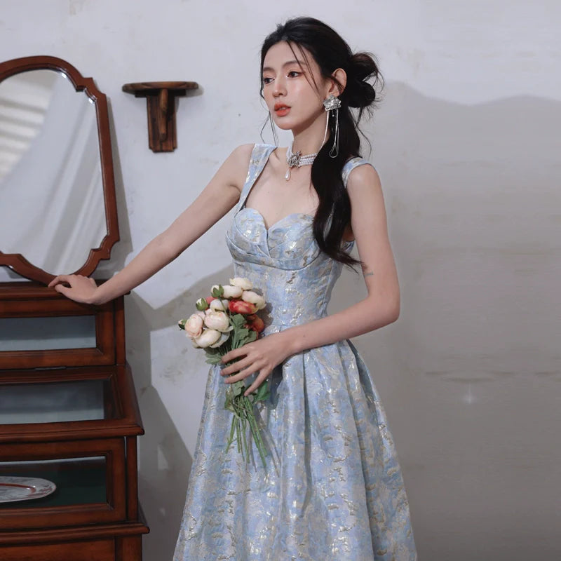 DOLLY Elegant Light Blue French High Waist Long A-Line jacquard Dress- Piere