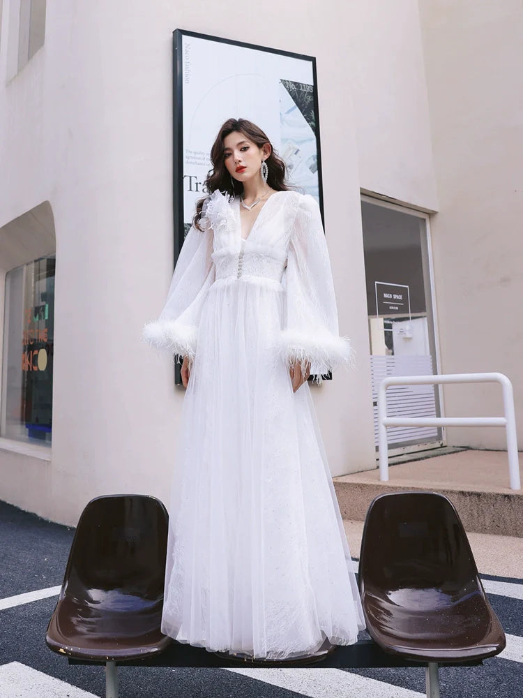 DOLLY Elegant White Deep V-Neck Lace Feather Bell Sleeves Long Robe Dress-ZOBA (V)*