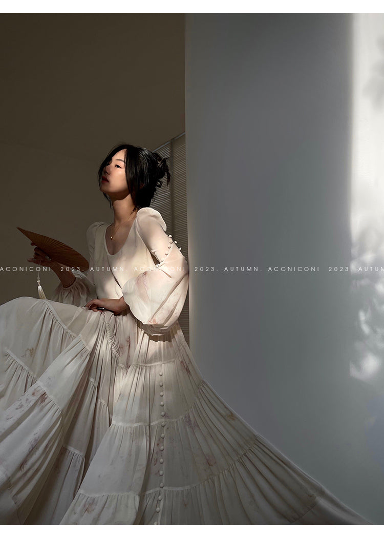 Aconiconi| French print fairy vacation loose chiffon long dress - Huanxi dream