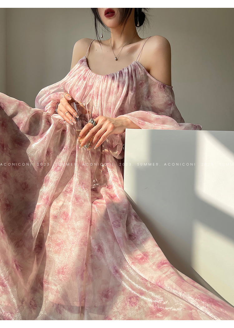 Aconiconi| Slip Off-the-Shoulder Top Skirt - Flower fairy