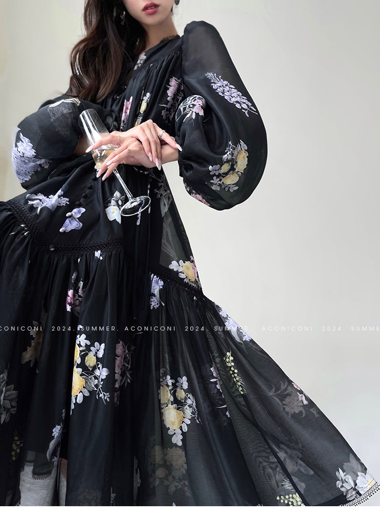 Aconiconi Elegant French Print V-Neck Puff Sleeve vacation Dress- Cloud Forest in the Flowers L (L-XL wearable) / Long Sleeve / White Short Dress Aconiconi Elegant French Print V-Neck Puff Sleeve vacation Dress- Cloud Forest in the Flowers L (L-XL wearable) / Long Sleeve / White Short Dress