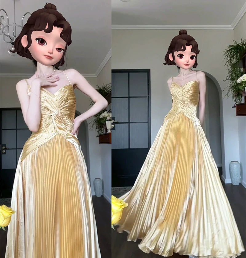 DOLLY Elegant Gold Sleeveless Beaded Pleated Large Swing Dress-GRACIA (V)