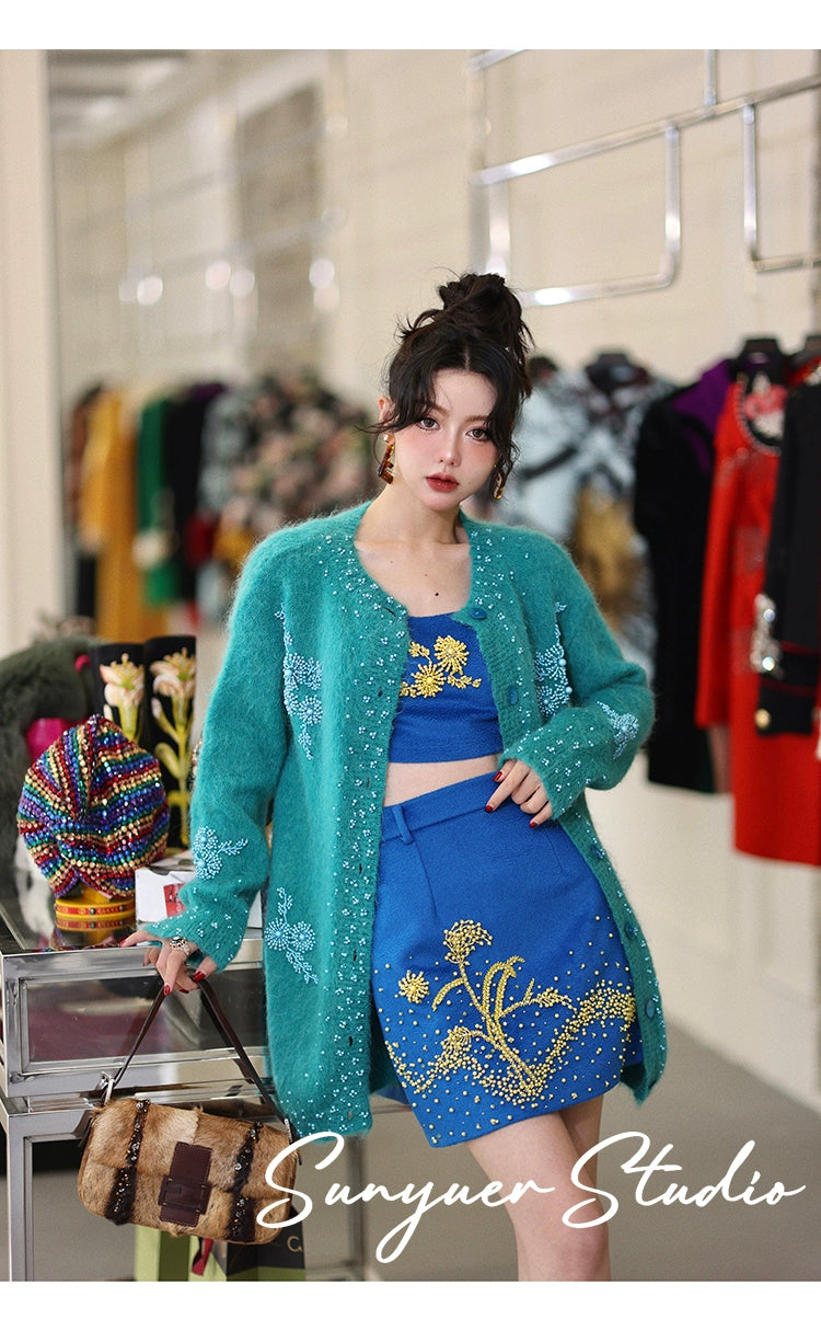 Blue autumn fall winter Wool hand-beaded yellow crystal stones top + skirt two-piece set
