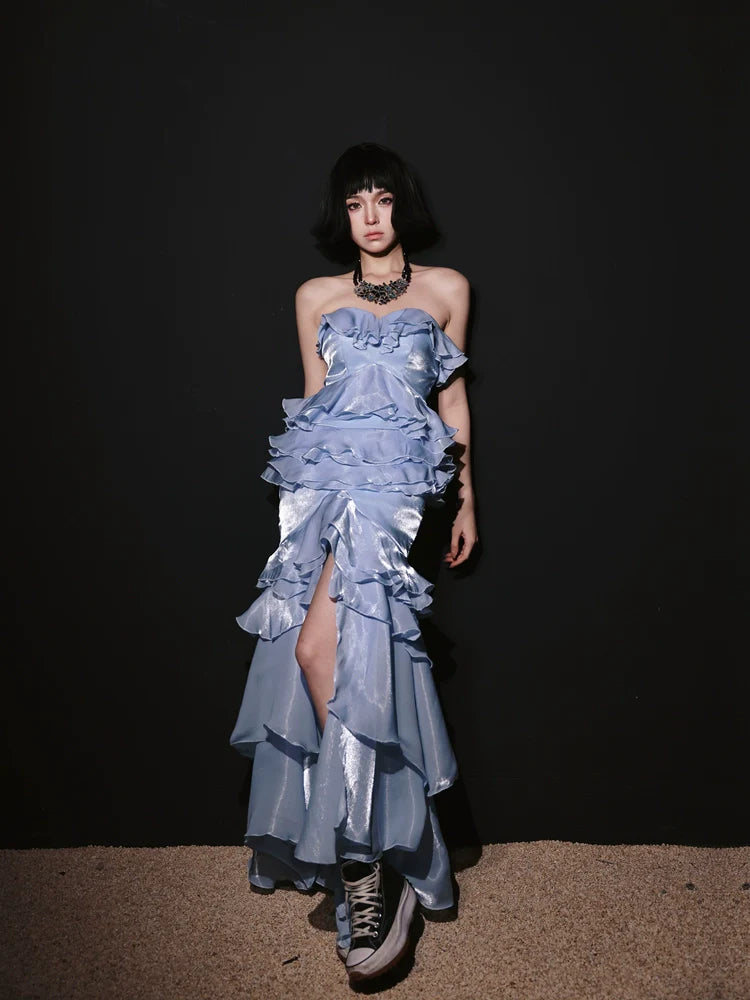 DOLLY High End Blue Chest Wrap Sleeveless Long Slit Ruffle Banquet Dress-MEHEK