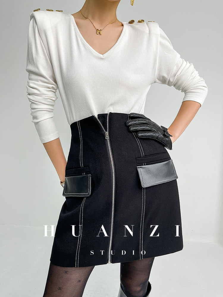 Huanzi Autumn winter foreign style zipper high-waist skirt - Riwre