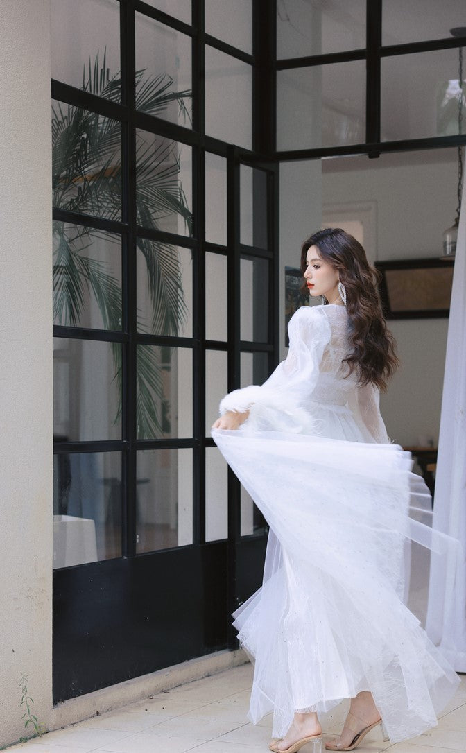 DOLLY Elegant White Deep V-Neck Lace Feather Bell Sleeves Long Robe Dress-ZOBA (V)*
