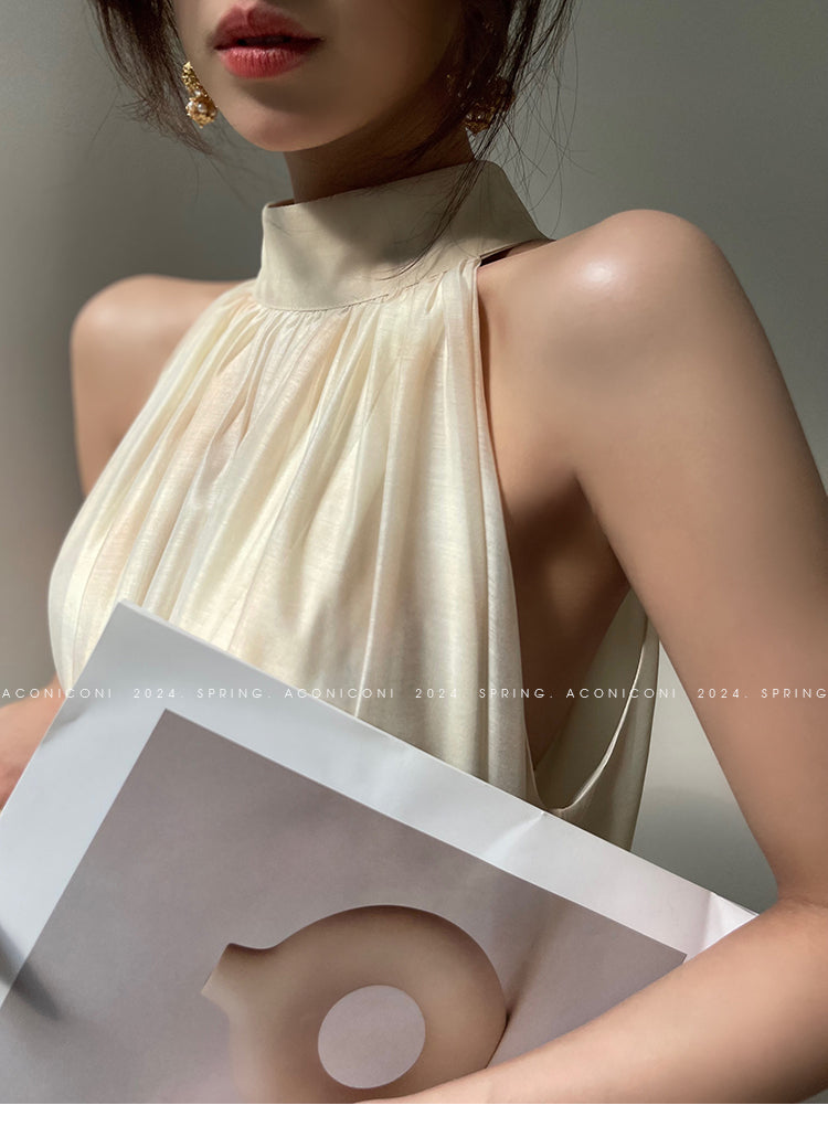 Aconiconi| Louvre Picture Reflection printed halter neck maxi skirt vacation dress - Miinia