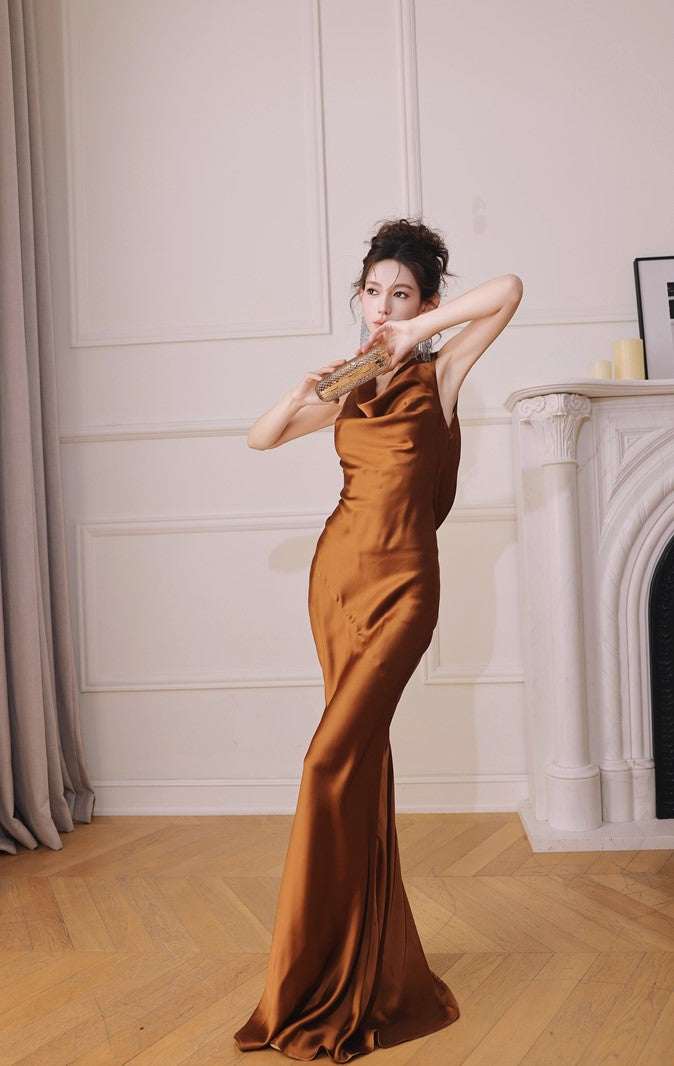 DOLLY Elegant Brown Retro Sleeveless Halter Neck Long Cocktail Dress-GIDDY
