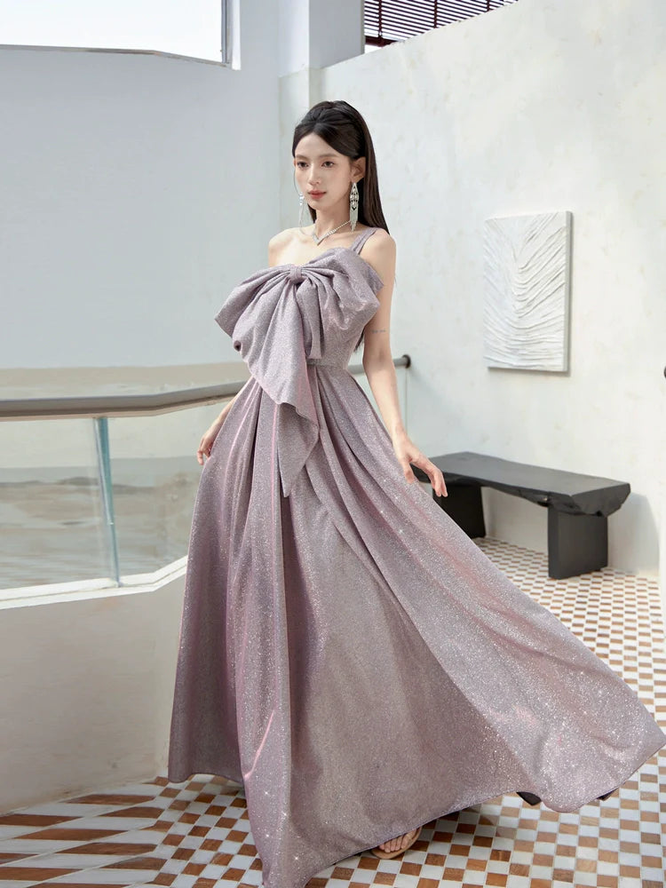 DOLLY Elegant Purple Off Shoulder Bow Sequin Long High Waist Cocktail Dress-TESSA (V)