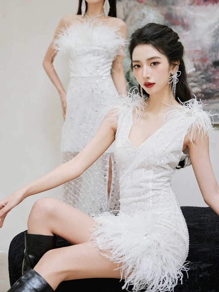 DOLLY Elegant White V-Neck Sleeveless Fluffy Feather Party short Dress-MARCELLA S / White DOLLY Elegant White V-Neck Sleeveless Fluffy Feather Party short Dress-MARCELLA S / White