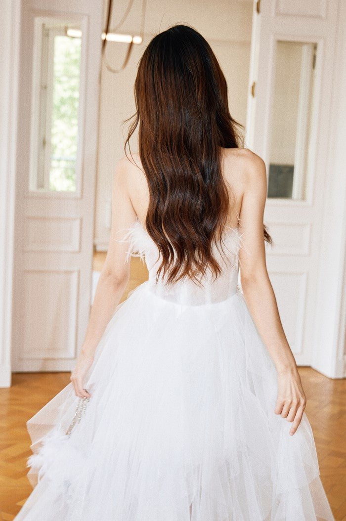 DOLLY Elegant White French Style Feather Chest Wrap Wedding Dress-MARIA (V)