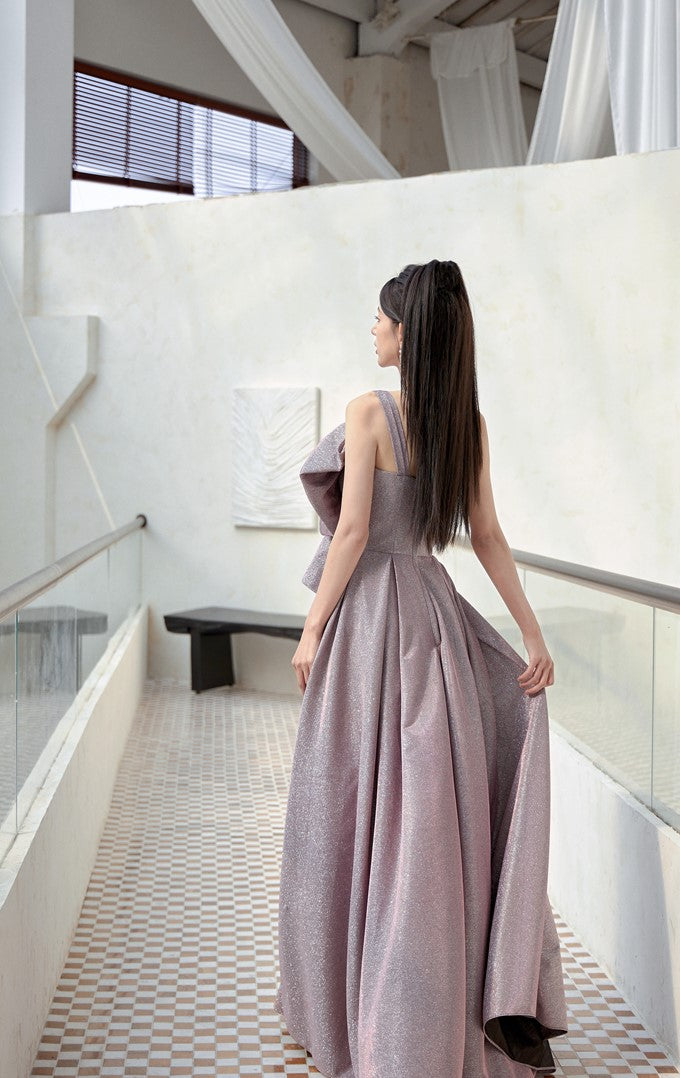 DOLLY Elegant Purple Off Shoulder Bow Sequin Long High Waist Cocktail Dress-TESSA (V)