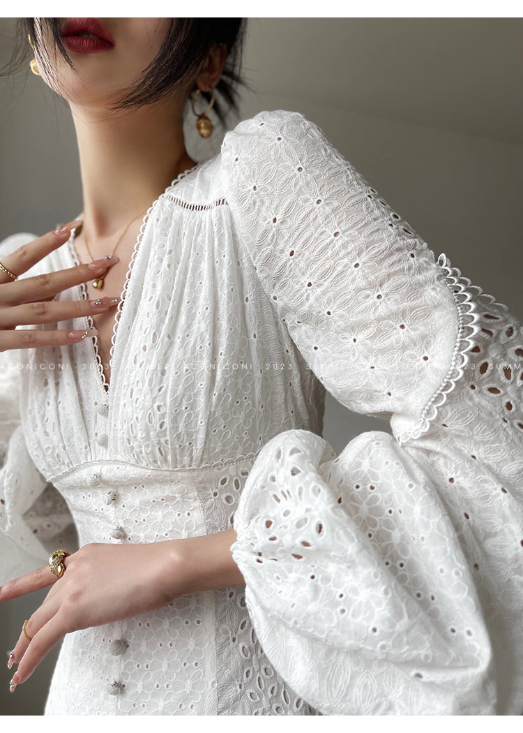 Aconiconi| French coffee break lace cotton white dress - Smoke