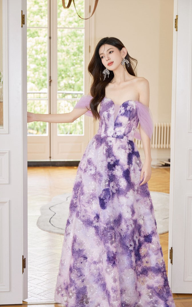 DOLLY Elegant Purple Off Shoulder Short Sleeve Print Long Loose Dress-ABUELA