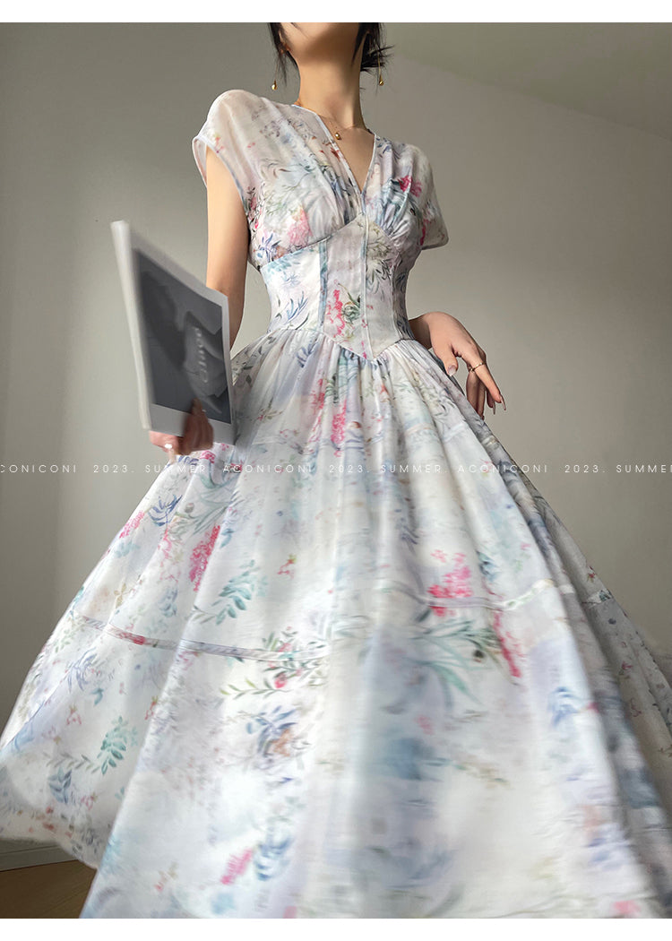 Aconiconi|high-end V-neck exquisite printed tea summer dress- Yufu fairy