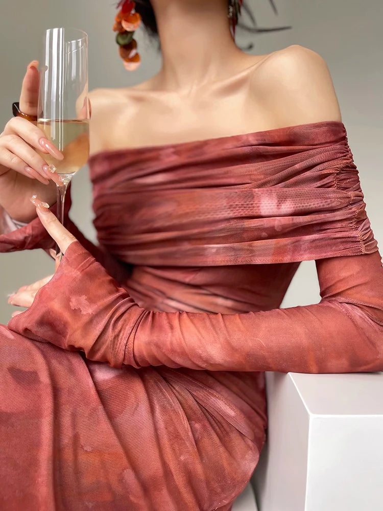 Aconiconi Luxury maxi fish Skirt Off shoulder top - Amber Sweet Tea