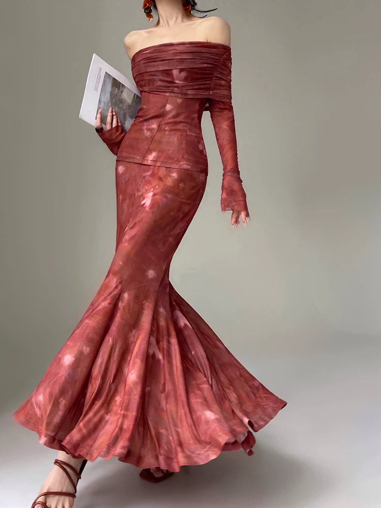 Aconiconi Luxury maxi fish Skirt Off shoulder top - Amber Sweet Tea