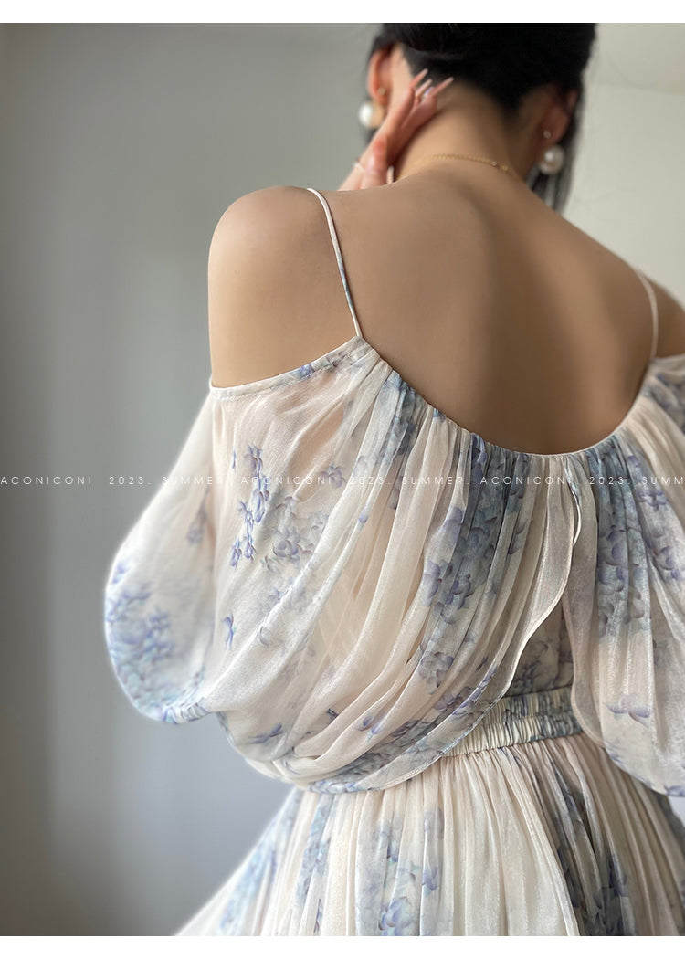 Aconiconi| Slip Off-the-Shoulder Top Skirt - Flower fairy