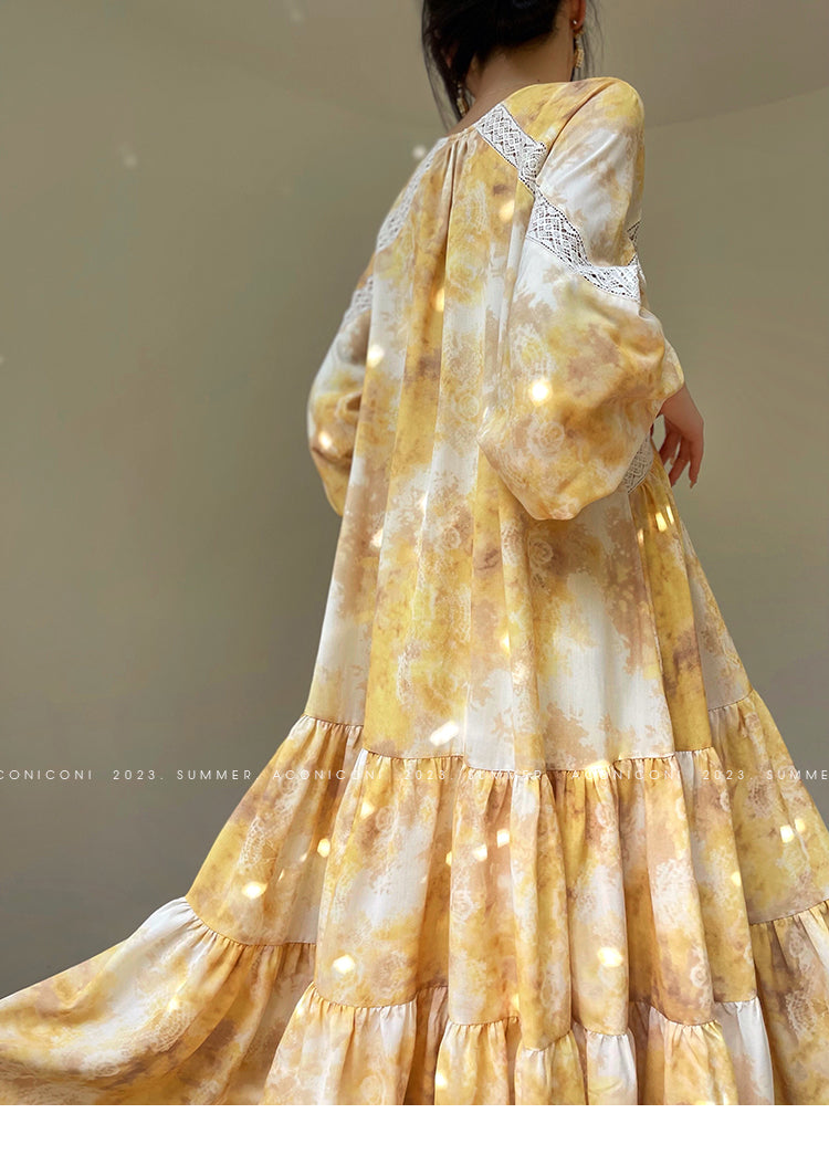 Aconiconi Luxury Yellow V-Neck Print Long Sleeve Loose Resort Dress- Huaye Mucheng