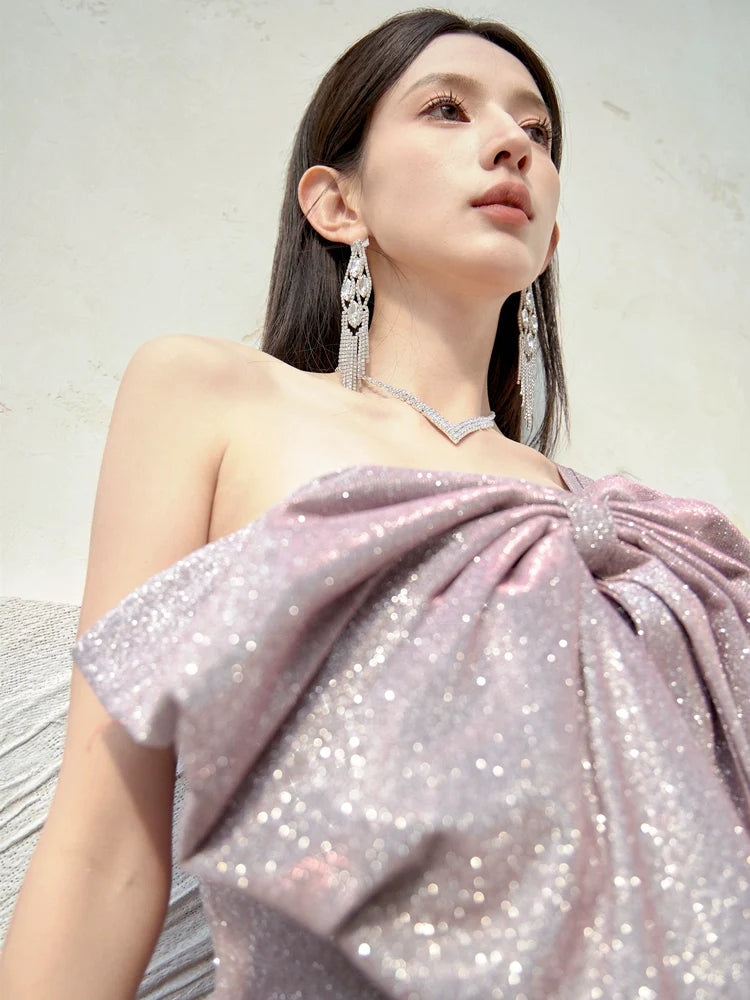 DOLLY Elegant Purple Off Shoulder Bow Sequin Long High Waist Cocktail Dress-TESSA (V)