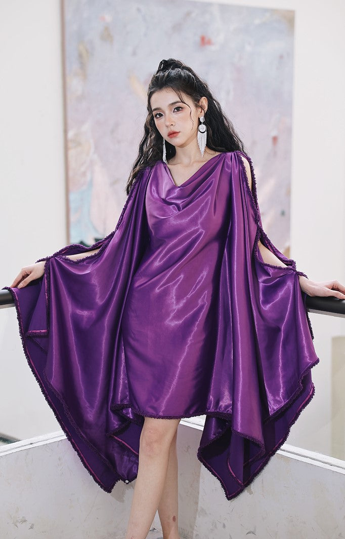 DOLLY Elegant Deep Purple Off Shoulder Swing Collar Short Party Dress-PREETI